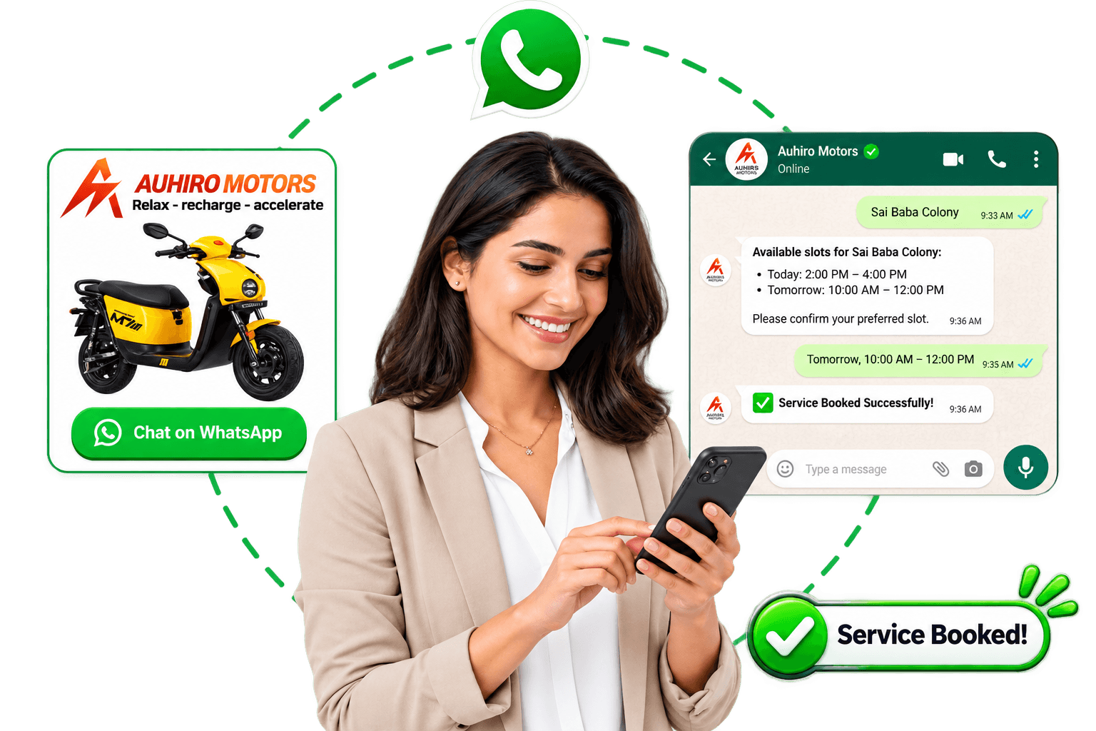 Business owner confirming a service booking with a customer over WhatsApp