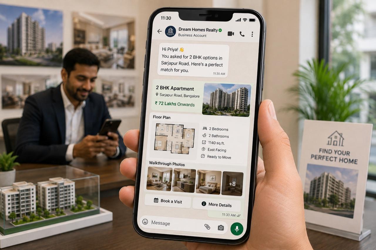A WhatsApp chat sharing a 2 BHK apartment in Sarjapur Road at ₹72 lakhs, with its floor plan, specifications and walkthrough photos