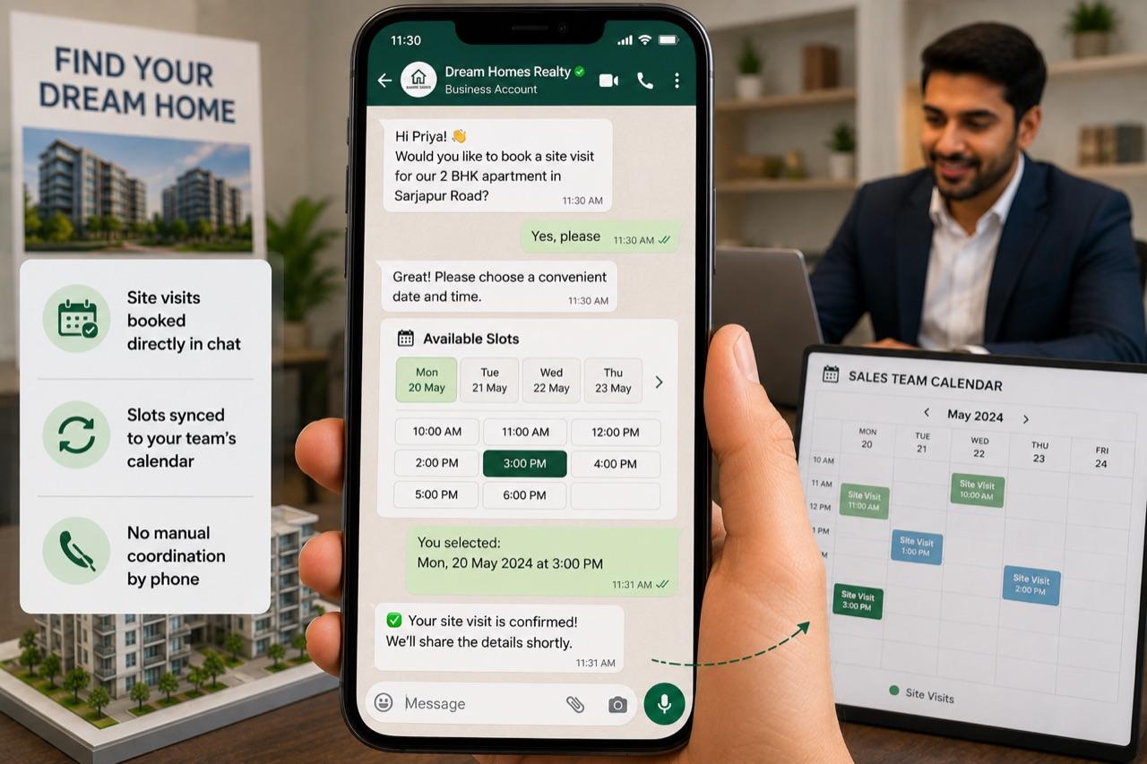 A buyer picking a 3 PM site visit slot inside WhatsApp, with the booking appearing on the sales team's calendar