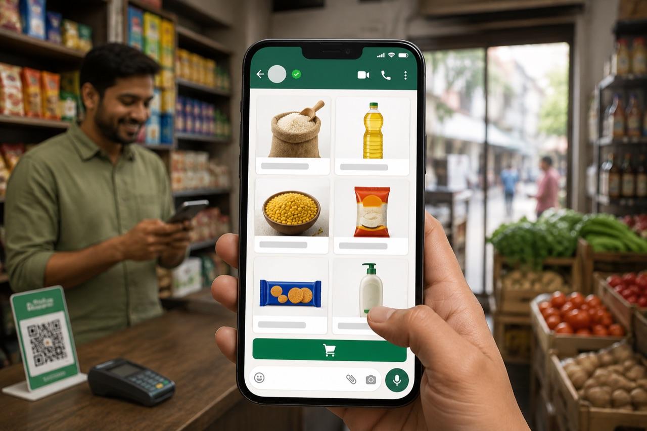 A shopkeeper's WhatsApp catalogue open on a phone, showing rice, oil, dal and household products with prices