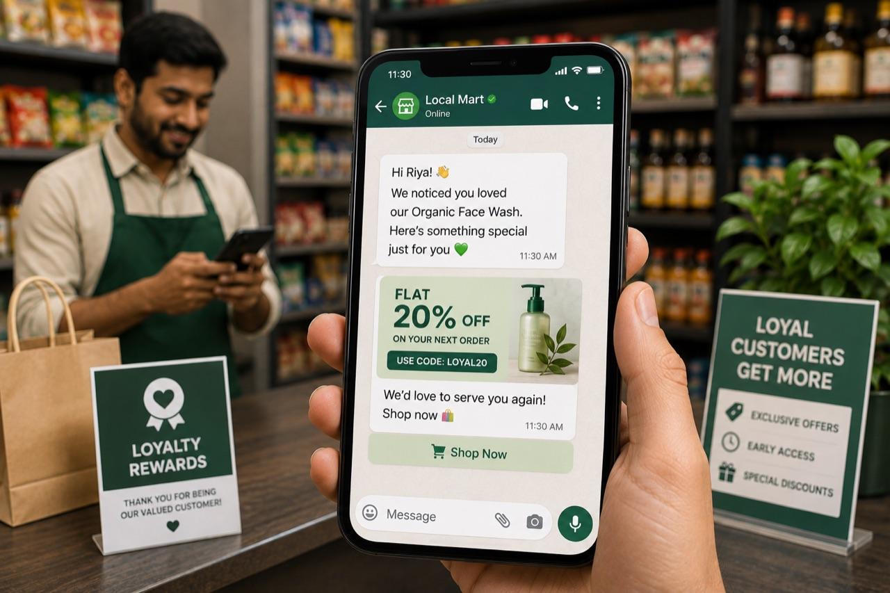 A WhatsApp message offering a returning customer 20% off their next order with the code LOYAL20