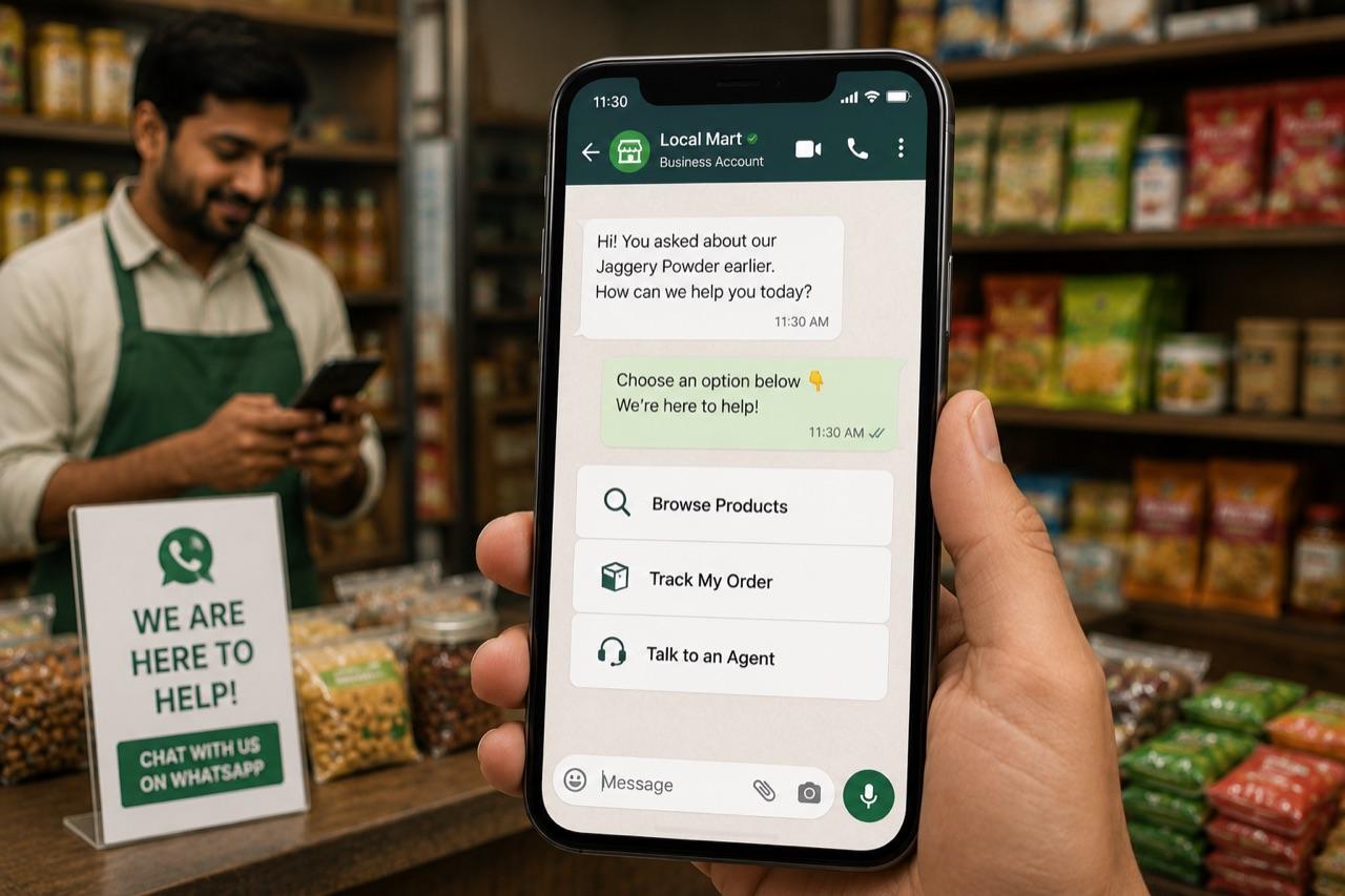 A WhatsApp chat following up on a jaggery powder enquiry, offering Browse Products, Track My Order and Talk to an Agent