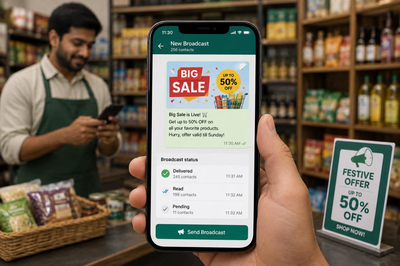 A WhatsApp broadcast to 256 contacts announcing a 50% off sale, with delivery and read counts below it