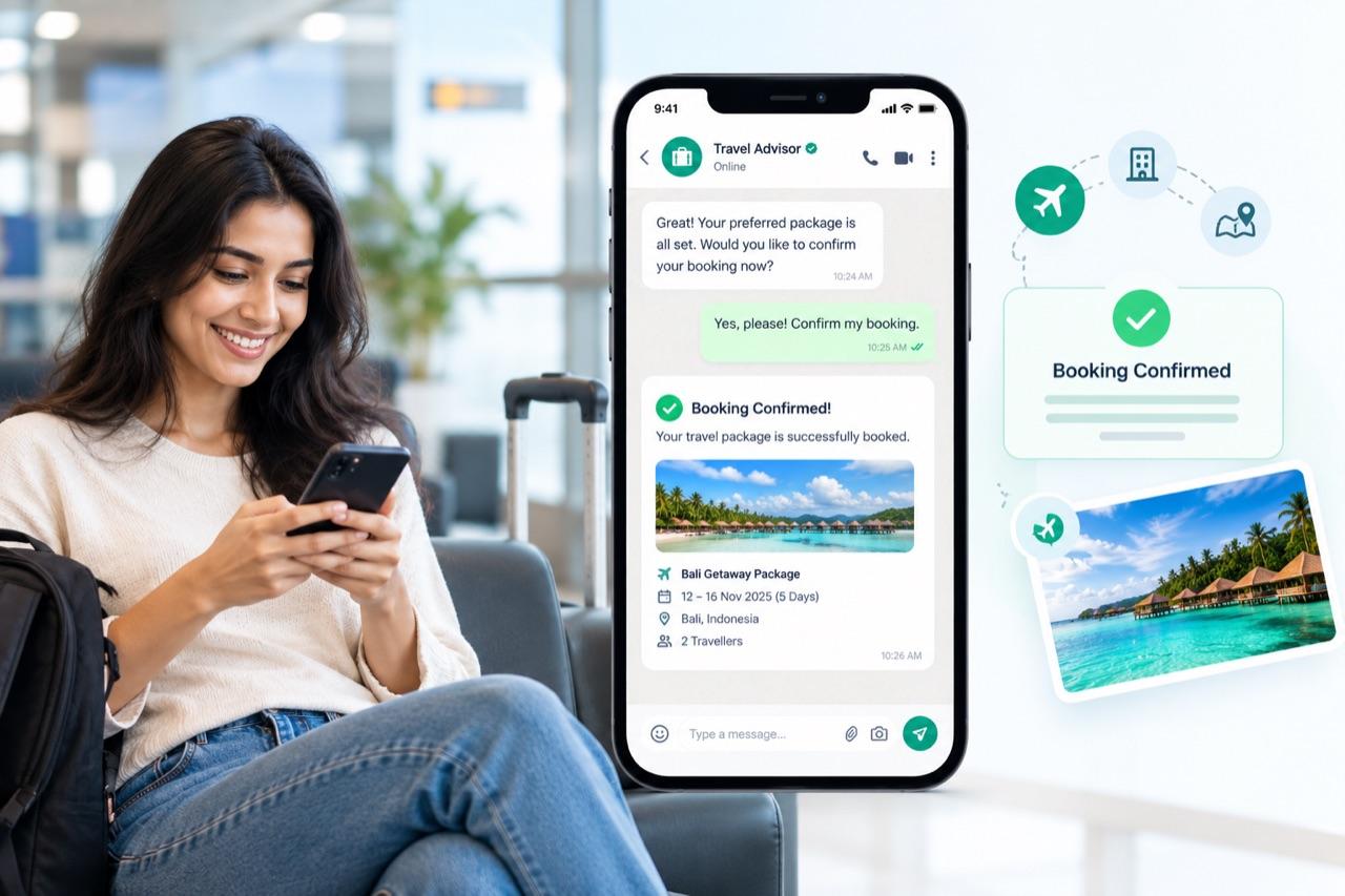 A traveller confirming a Bali package and receiving a booking confirmation with dates and traveller count seconds later