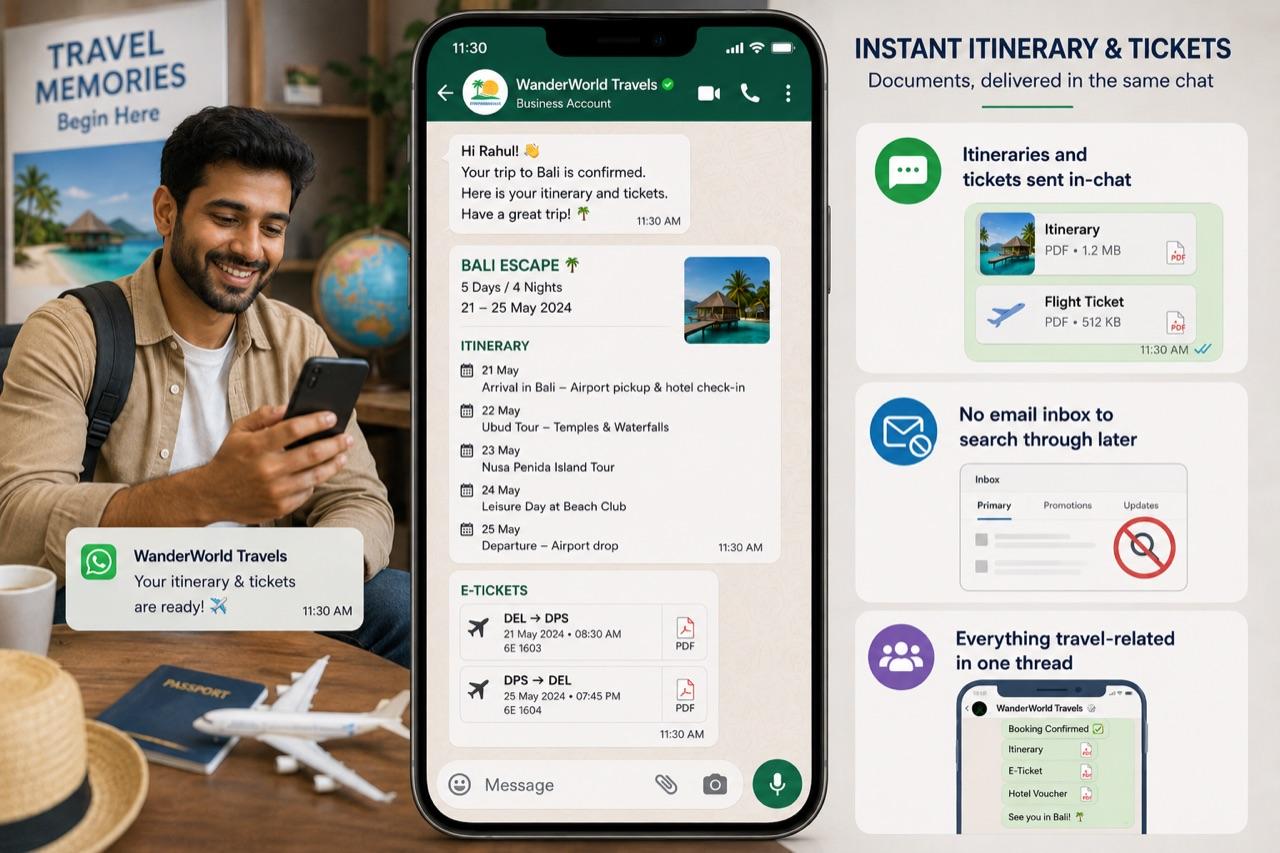 A confirmed Bali itinerary and two e-tickets delivered as PDFs inside the same WhatsApp thread