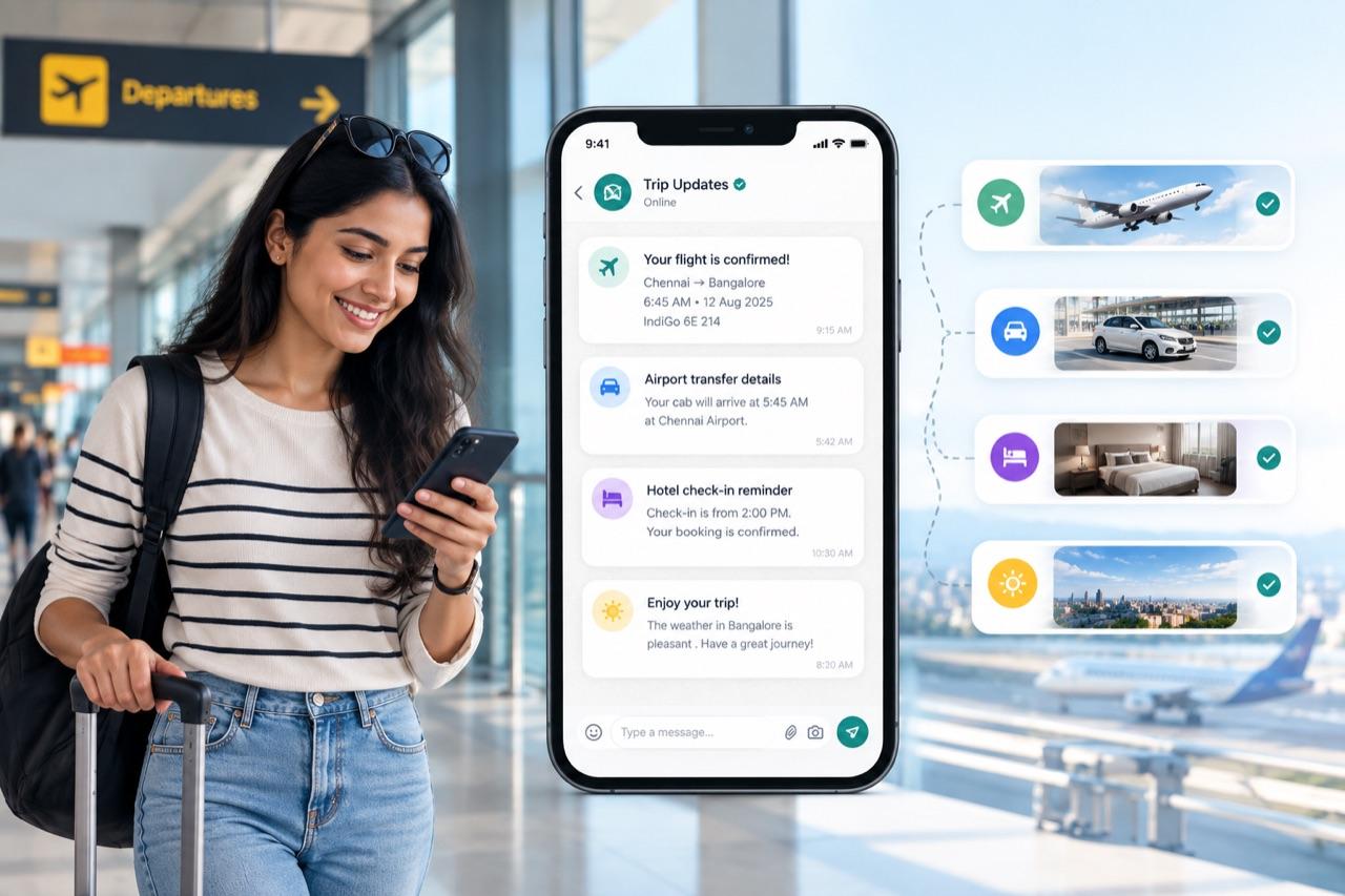 A traveller at the airport receiving automatic flight, airport transfer and hotel check-in updates on WhatsApp