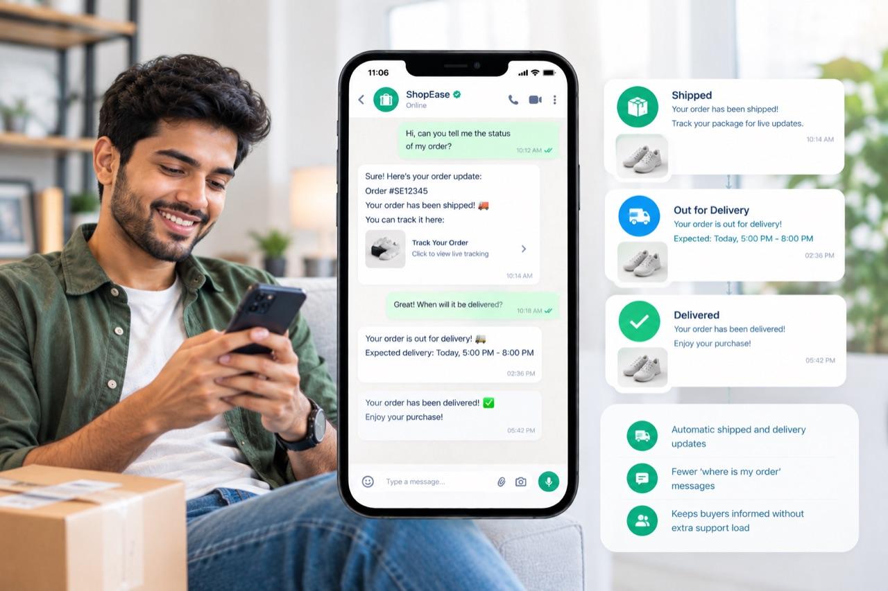 Shipped, out for delivery and delivered updates arriving automatically in a shopper's WhatsApp chat
