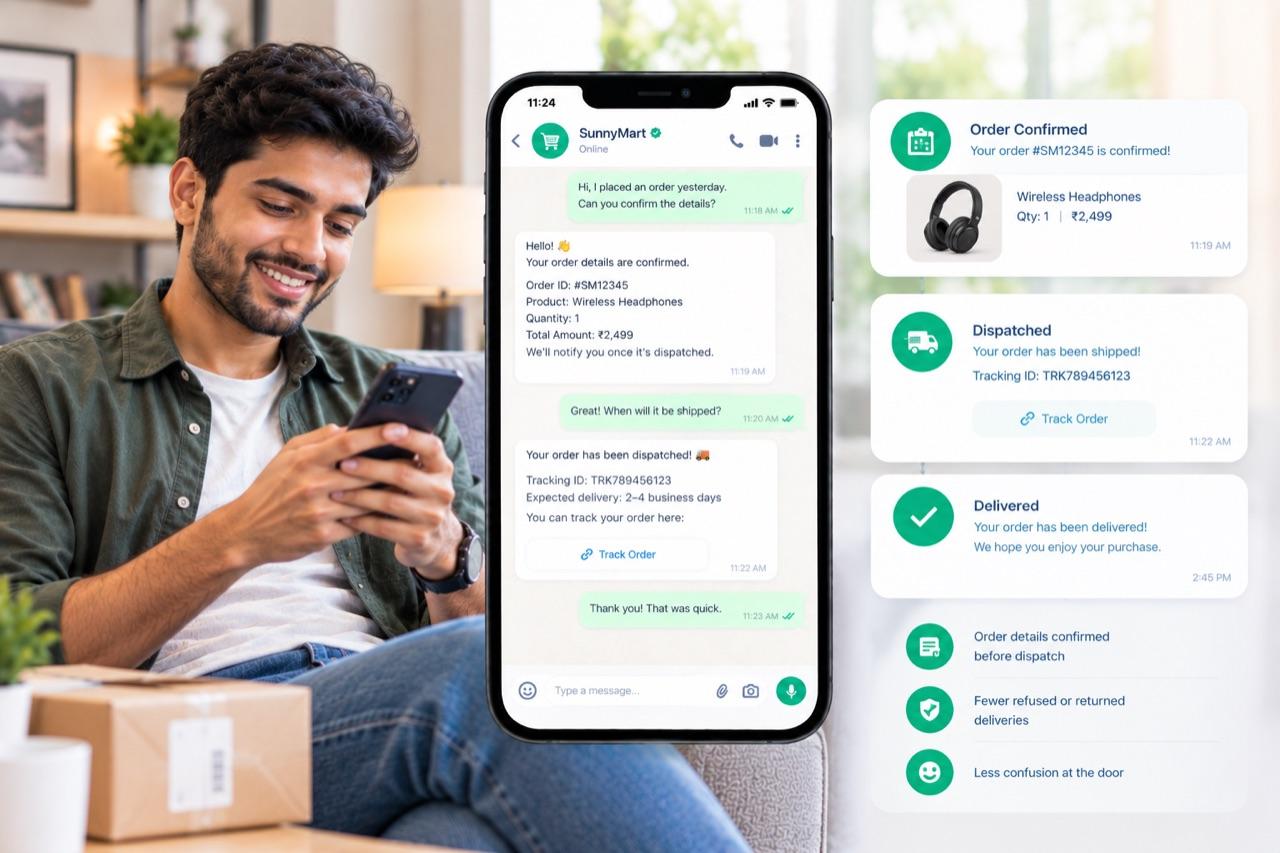 An order for wireless headphones confirmed and then dispatched with a tracking link, all in one WhatsApp thread