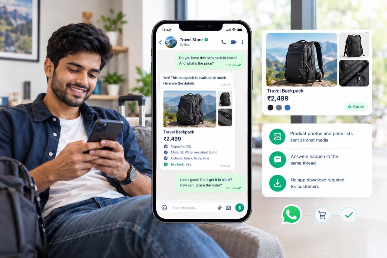 A shopper asking whether a travel backpack is in stock, answered with photos, ₹2,499 pricing and specifications in the same chat